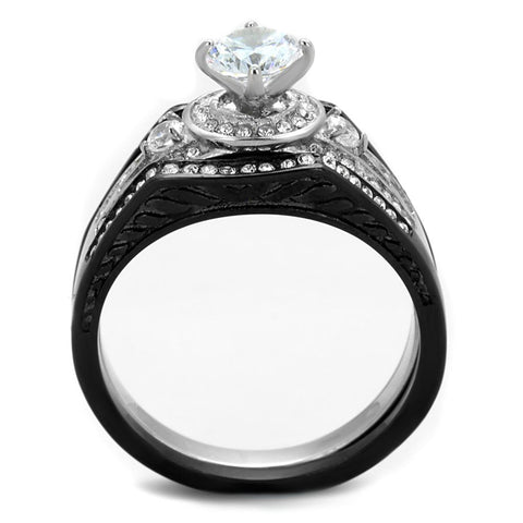 TK2044 - Two-Tone IP Black Stainless Steel Ring with AAA Grade CZ  in Clear