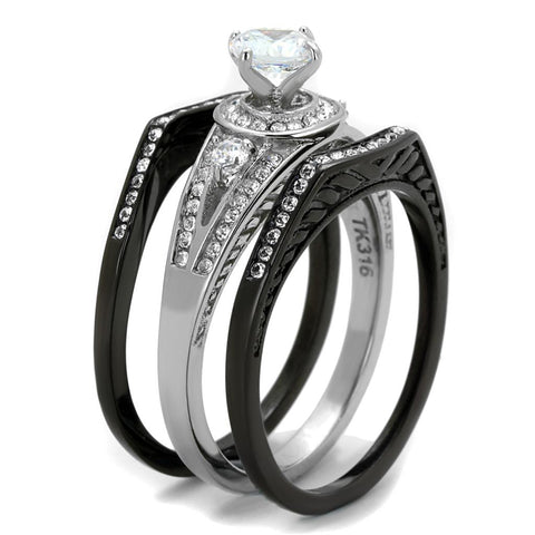 TK2044 - Two-Tone IP Black Stainless Steel Ring with AAA Grade CZ  in Clear