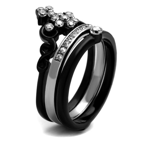 TK2187 - Two-Tone IP Black Stainless Steel Ring with AAA Grade CZ  in Clear