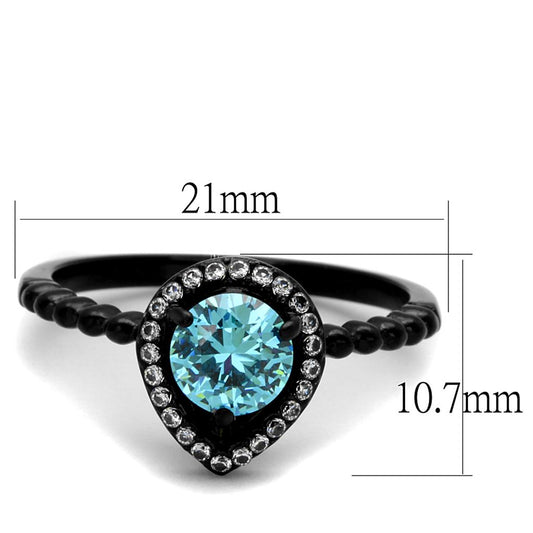 TK2364 - IP Black(Ion Plating) Stainless Steel Ring with AAA Grade CZ  in Sea Blue