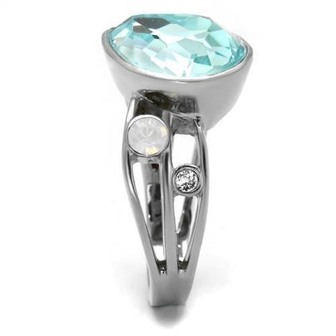 TK2502 - High polished (no plating) Stainless Steel Ring with Top Grade Crystal  in Sea Blue