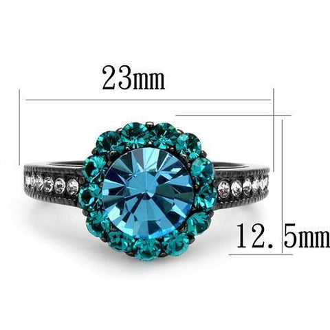 TK2716 - IP Light Black  (IP Gun) Stainless Steel Ring with Top Grade Crystal  in Sea Blue