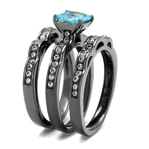 TK2748 - IP Light Black  (IP Gun) Stainless Steel Ring with AAA Grade CZ  in Sea Blue