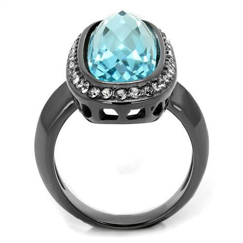 TK2804 - IP Light Black  (IP Gun) Stainless Steel Ring with Top Grade Crystal  in Sea Blue