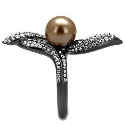 TK2834 - IP Light Black  (IP Gun) Stainless Steel Ring with Synthetic Pearl in Brown