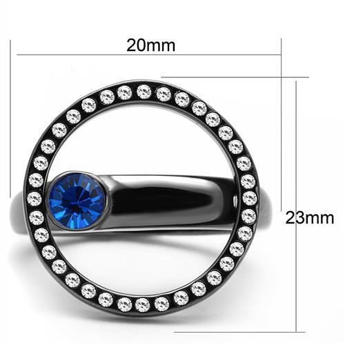 TK2974 - IP Light Black  (IP Gun) Stainless Steel Ring with Top Grade Crystal  in Capri Blue