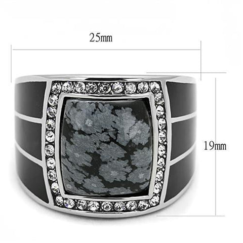 TK3042 - High polished (no plating) Stainless Steel Ring with Semi-Precious Snowflake Obsidian in Jet