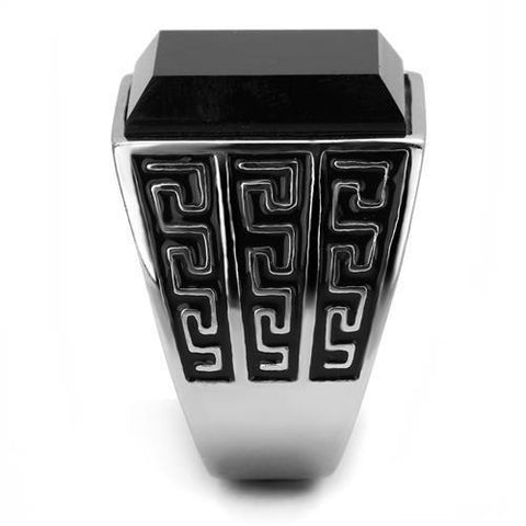 TK3076 - High polished (no plating) Stainless Steel Ring with Synthetic Onyx in Jet