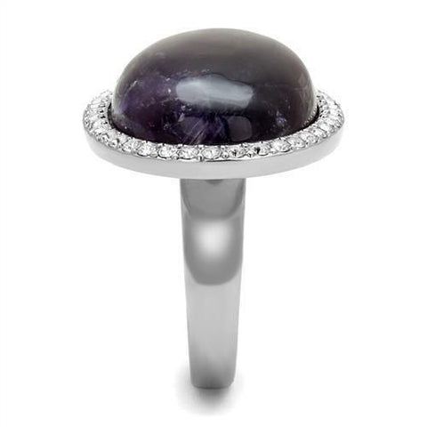 TK3083 - High polished (no plating) Stainless Steel Ring with Semi-Precious Amethyst Crystal in Amethyst