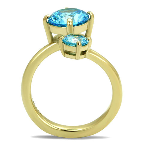 TK3092 - IP Gold(Ion Plating) Stainless Steel Ring with AAA Grade CZ  in Sea Blue