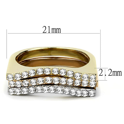 TK3234 - Three Tone IP (IP Gold & IP Rose Gold & High Polished) Stainless Steel Ring with Top Grade Crystal  in Clear