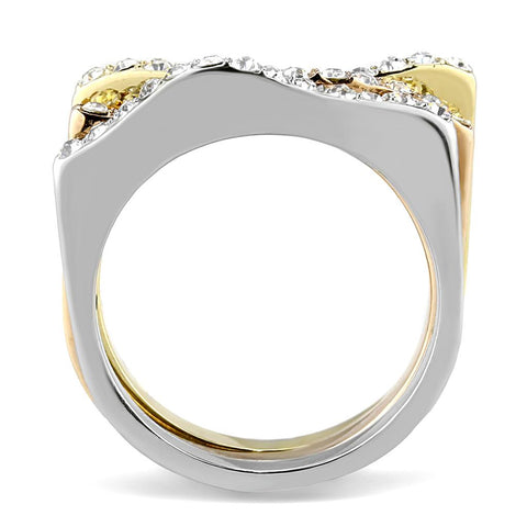 TK3234 - Three Tone IP (IP Gold & IP Rose Gold & High Polished) Stainless Steel Ring with Top Grade Crystal  in Clear