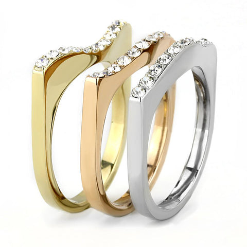 TK3234 - Three Tone IP (IP Gold & IP Rose Gold & High Polished) Stainless Steel Ring with Top Grade Crystal  in Clear