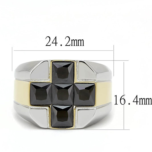 TK3271 - Two-Tone IP Gold (Ion Plating) Stainless Steel Ring with AAA Grade CZ  in Black Diamond