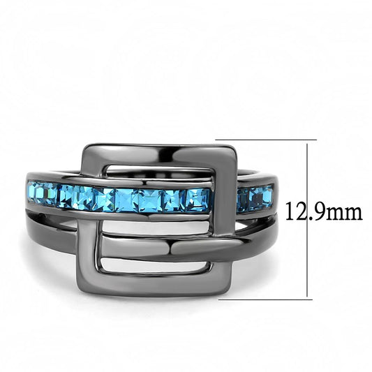 TK3451 - IP Light Black  (IP Gun) Stainless Steel Ring with Top Grade Crystal  in Sea Blue