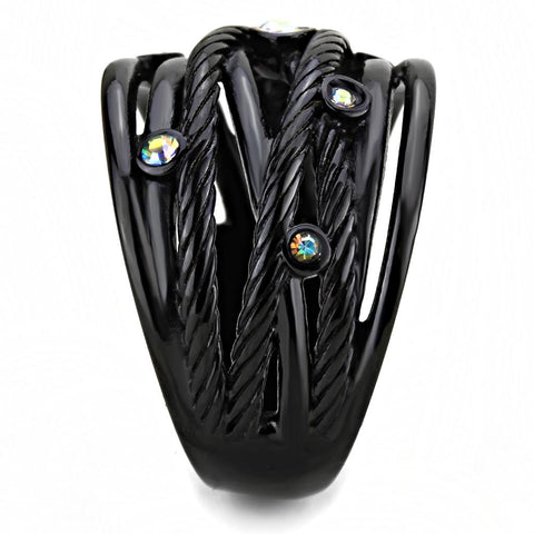 TK3566 - IP Black(Ion Plating) Stainless Steel Ring with Top Grade Crystal  in Aurora Borealis (Rainbow Effect)