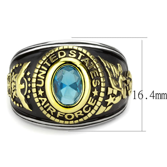 TK3725 - Two-Tone IP Gold (Ion Plating) Stainless Steel Ring with Synthetic Synthetic Glass in Sea Blue