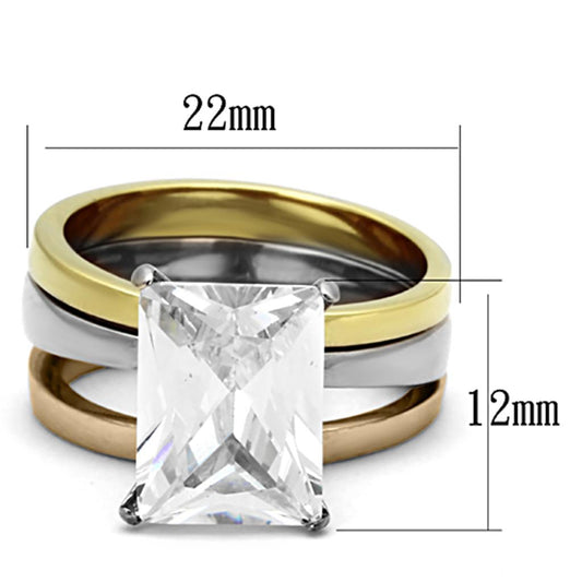 TK962 - Three Tone IP (IP Gold & IP Rose Gold & High Polished) Stainless Steel Ring with AAA Grade CZ  in Clear