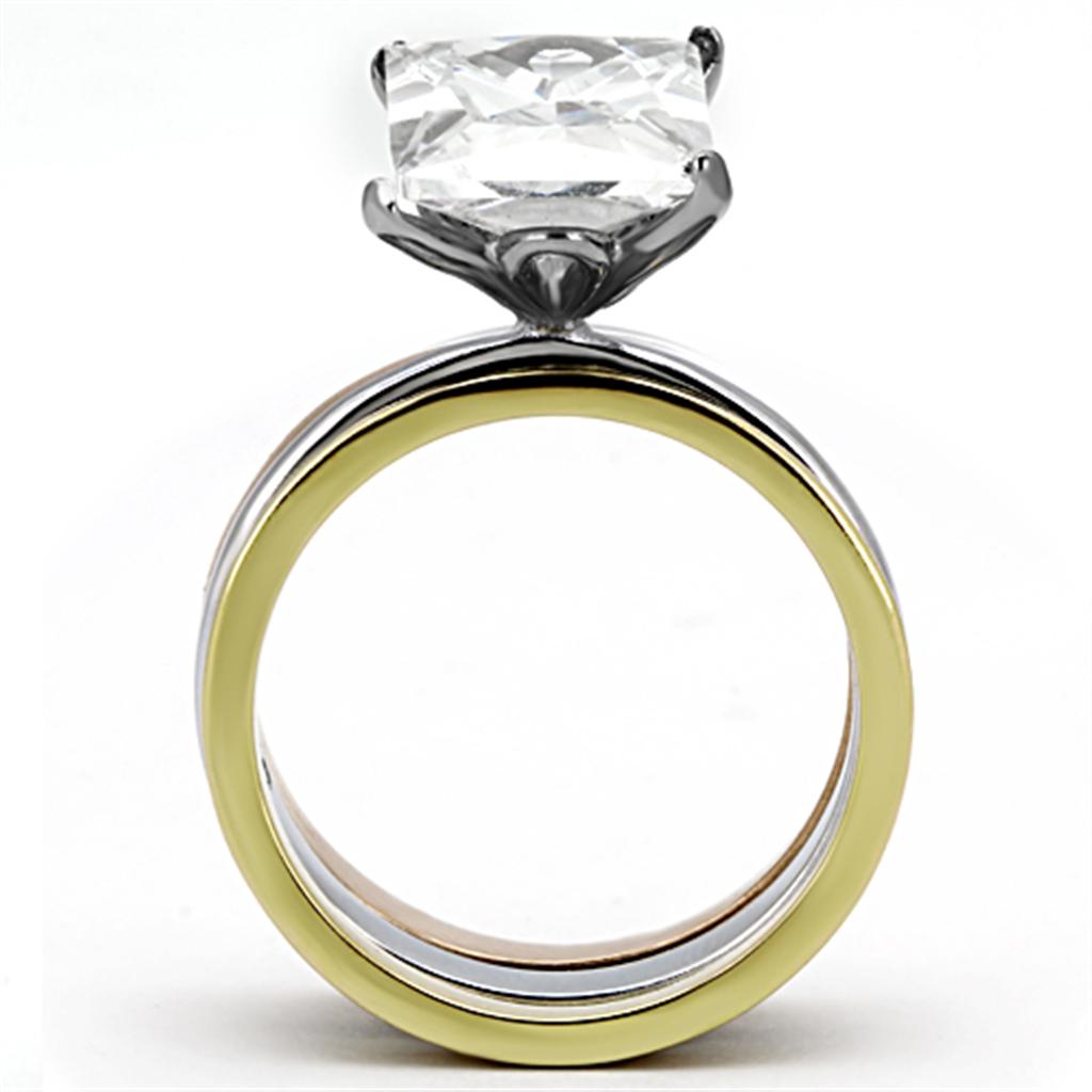TK962 - Three Tone IP (IP Gold & IP Rose Gold & High Polished) Stainless Steel Ring with AAA Grade CZ  in Clear