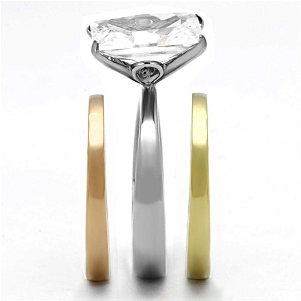 TK962 - Three Tone IP (IP Gold & IP Rose Gold & High Polished) Stainless Steel Ring with AAA Grade CZ  in Clear