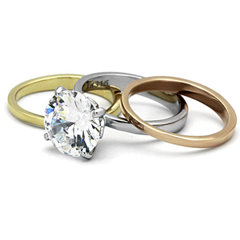 TK963 - Three Tone (IP Gold & IP Rose Gold & High Polished) Stainless Steel Ring with AAA Grade CZ  in Clear