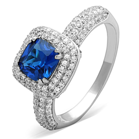 TS137 - Rhodium 925 Sterling Silver Ring with Synthetic Spinel in London Blue