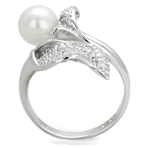 TS329 - Rhodium 925 Sterling Silver Ring with Synthetic Pearl in White