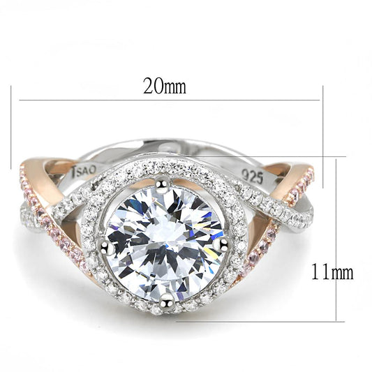 TS585 - Rose Gold + Rhodium 925 Sterling Silver Ring with AAA Grade CZ  in Clear