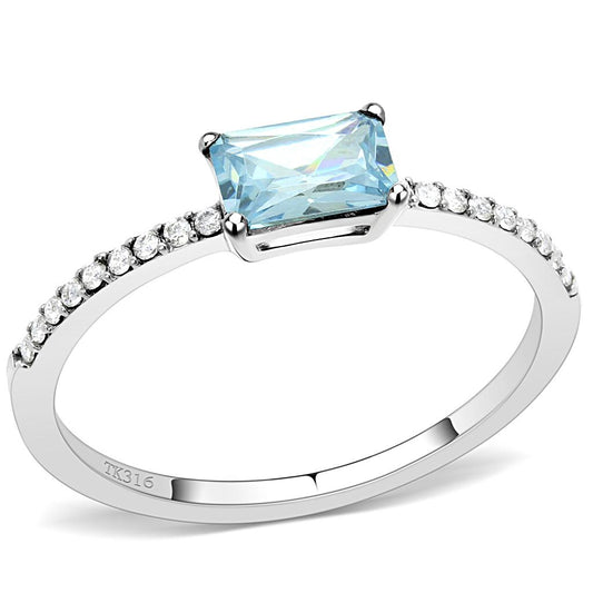 DA011 - High polished (no plating) Stainless Steel Ring with AAA Grade CZ  in Sea Blue