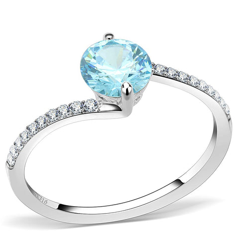 DA014 - High polished (no plating) Stainless Steel Ring with AAA Grade CZ  in Sea Blue