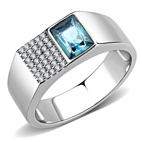 DA287 - High polished (no plating) Stainless Steel Ring with Synthetic  in Sea Blue