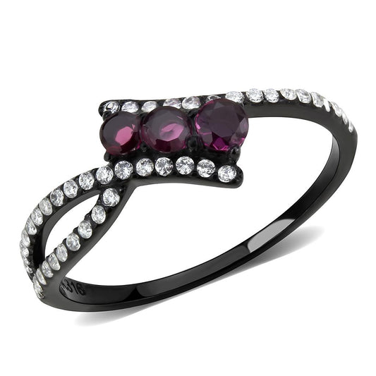 DA324 - IP Black(Ion Plating) Stainless Steel Ring with AAA Grade CZ  in Fuchsia