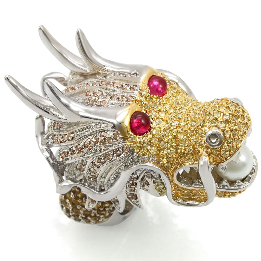 LO1353 - Reverse Two-Tone Brass Ring with Synthetic Glass Bead in White