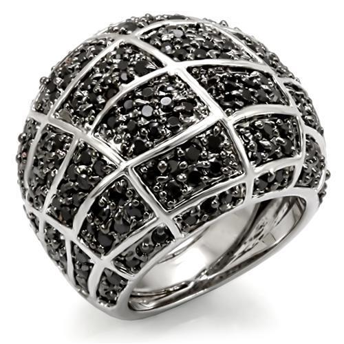 LO1584 - Rhodium + Ruthenium Brass Ring with AAA Grade CZ  in Black Diamond