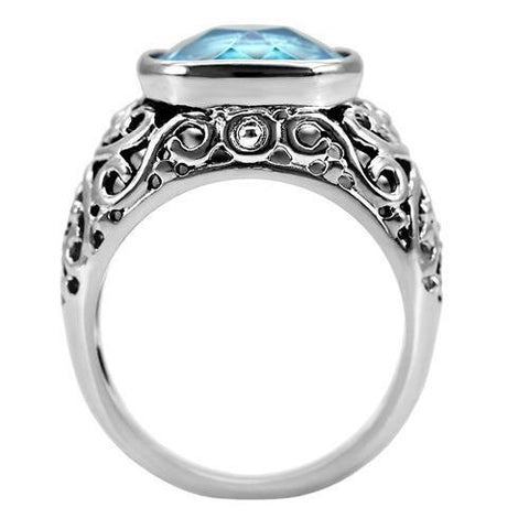 TK020 - High polished (no plating) Stainless Steel Ring with Synthetic Synthetic Glass in Sea Blue