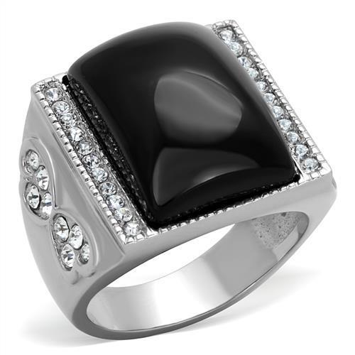 TK1767 - High polished (no plating) Stainless Steel Ring with Synthetic Synthetic Glass in Jet