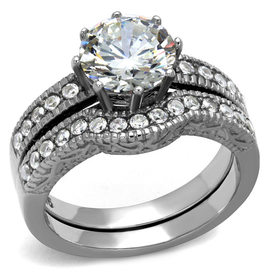 TK1W007 - High polished (no plating) Stainless Steel Ring with AAA Grade CZ  in Clear