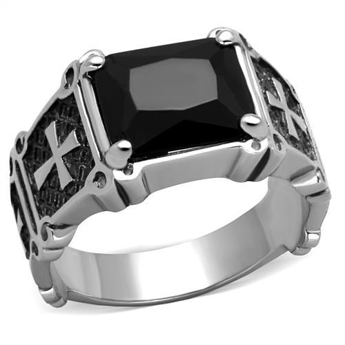 TK2055 - High polished (no plating) Stainless Steel Ring with Synthetic Synthetic Glass in Jet