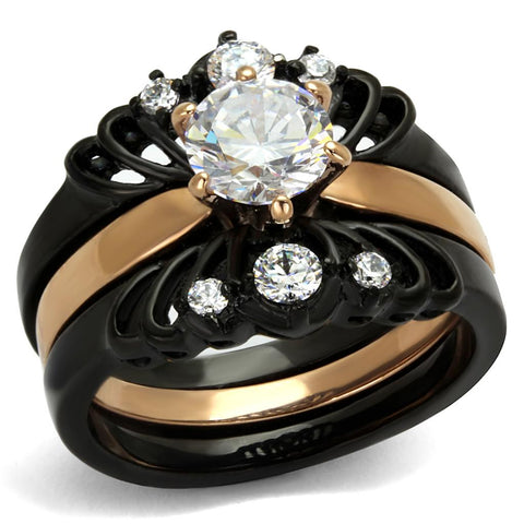 TK2189 - IP Rose Gold+ IP Black (Ion Plating) Stainless Steel Ring with AAA Grade CZ  in Clear