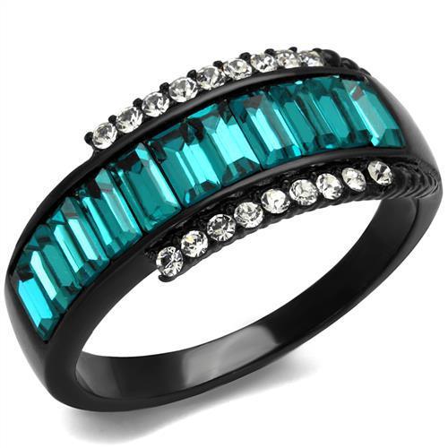 TK2190 - IP Black(Ion Plating) Stainless Steel Ring with Top Grade Crystal  in Blue Zircon