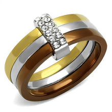 TK2600 - Three Tone IP (IP Gold & IP Light coffee & High Polished) Stainless Steel Ring with Top Grade Crystal  in Clear