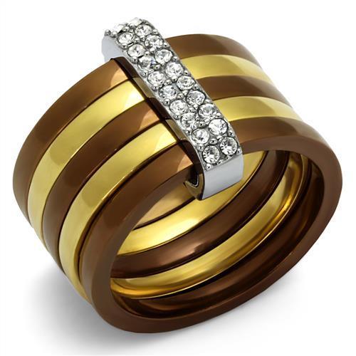 TK2601 - Three Tone IP (IP Gold & IP Light coffee & High Polished) Stainless Steel Ring with Top Grade Crystal  in Clear