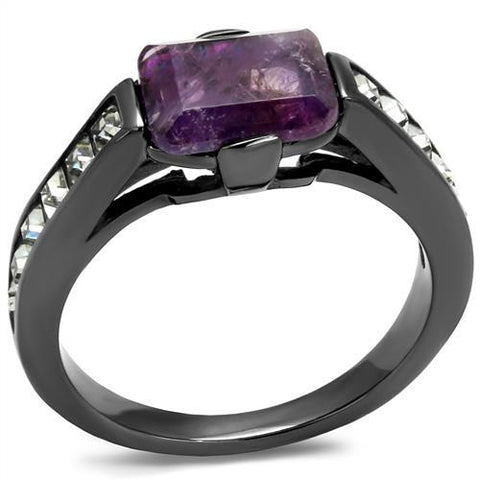 TK2832 - IP Light Black  (IP Gun) Stainless Steel Ring with Precious Stone Amethyst Crystal in Amethyst