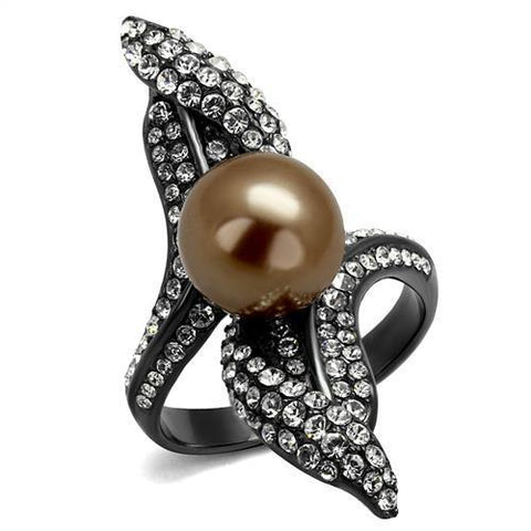 TK2834 - IP Light Black  (IP Gun) Stainless Steel Ring with Synthetic Pearl in Brown