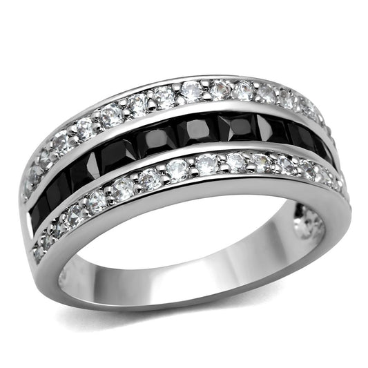 TK2872 - High polished (no plating) Stainless Steel Ring with AAA Grade CZ  in Black Diamond