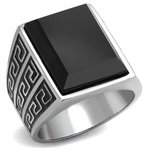 TK3076 - High polished (no plating) Stainless Steel Ring with Synthetic Onyx in Jet