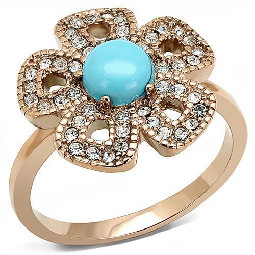 TK3201 - IP Rose Gold(Ion Plating) Stainless Steel Ring with Synthetic Turquoise in Sea Blue