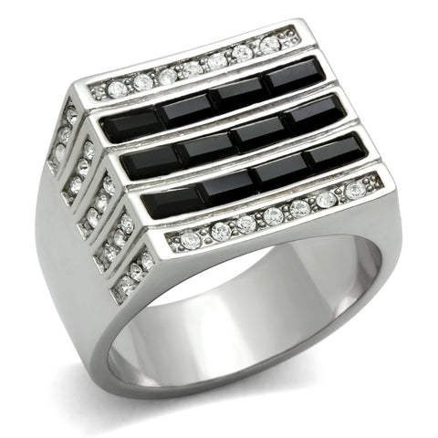 TK321 - High polished (no plating) Stainless Steel Ring with Top Grade Crystal  in Jet