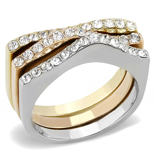 TK3234 - Three Tone IP (IP Gold & IP Rose Gold & High Polished) Stainless Steel Ring with Top Grade Crystal  in Clear