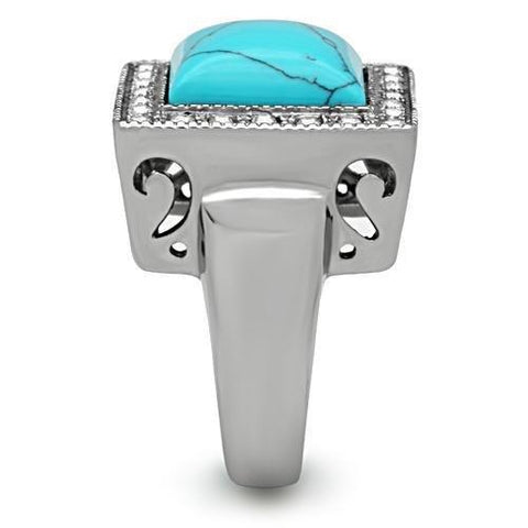 TK323 - High polished (no plating) Stainless Steel Ring with Synthetic Turquoise in Sea Blue